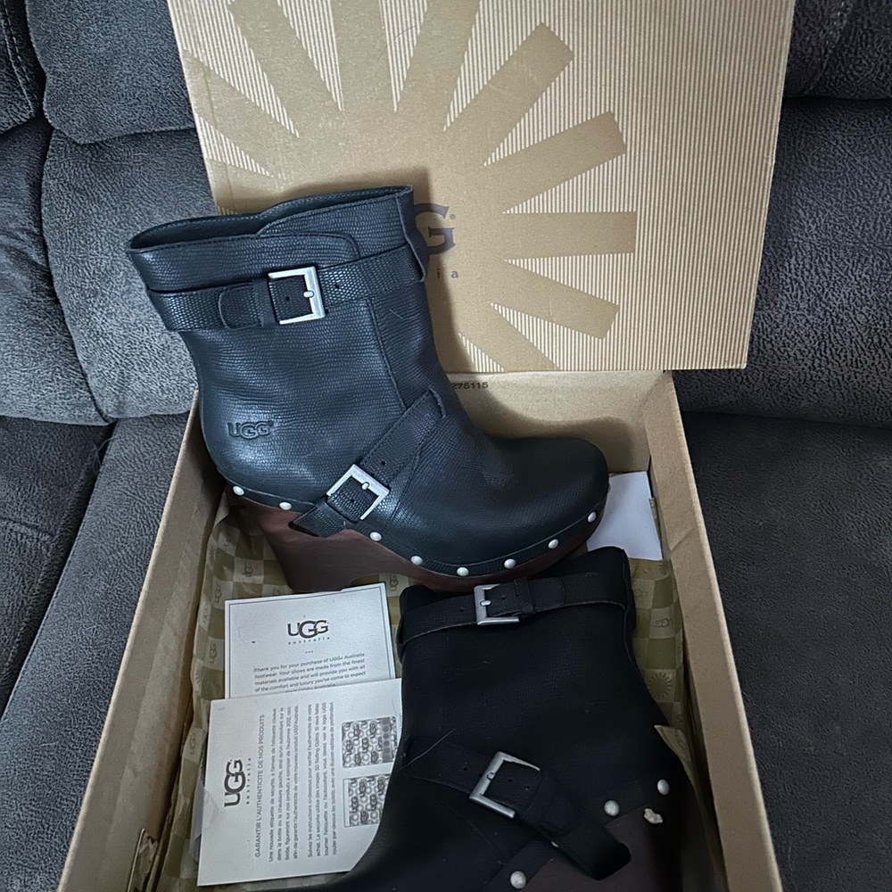 UGG Black Leather Buckle Boots